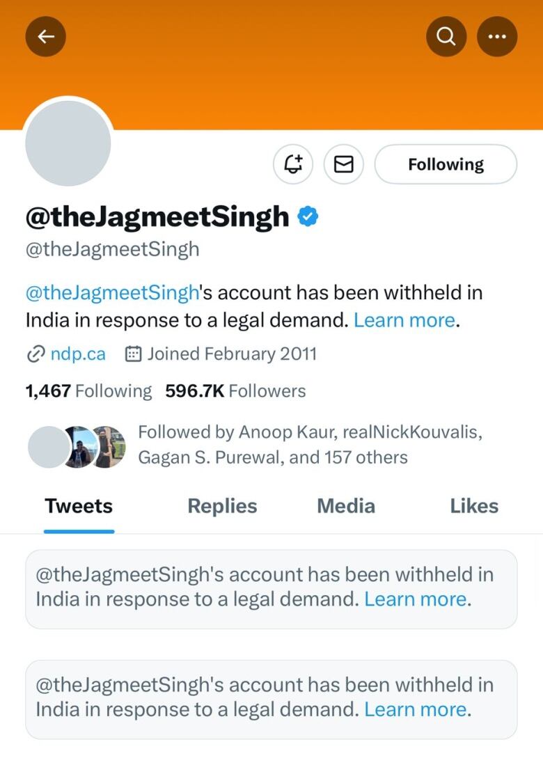 Screenshots provided by Balpreet Singh Boparai of the World Sikh Organization of Canada show how some Twitter accounts are being blocked from users in India.