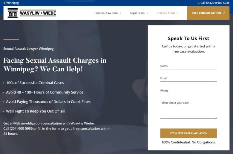 A website advertising for legal services for sexual assault charges is shown.