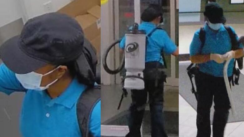 A series of three surveillance photos taken in a bank shows a woman wearing a bright blue collared shirt, dark pants, a dark baseball cap, a medical mask, latex gloves and a backpack-style vacuum cleaner. 