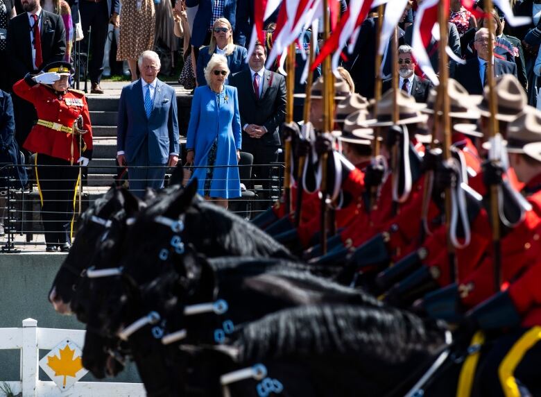 People watch horses performing.