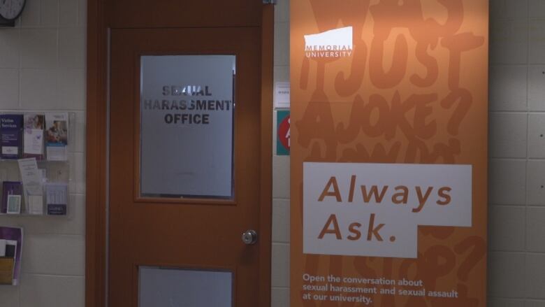 A frosted door carries the title Sexual Harassment Office.