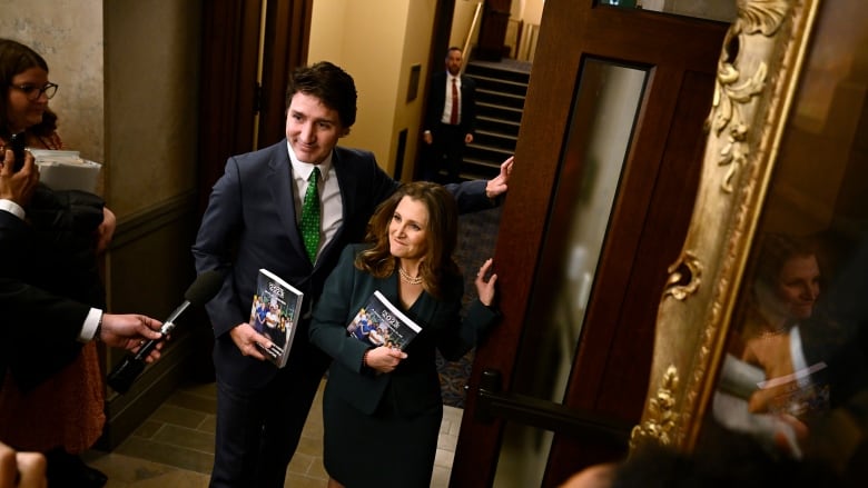 Prime Minister Justin Trudeau and Deputy Prime Minister and Minister of Finance Chrystia Freeland enter the House of Commons to deliver the budget on Parliament Hill in Ottawa, Tuesday, March 28, 2023.