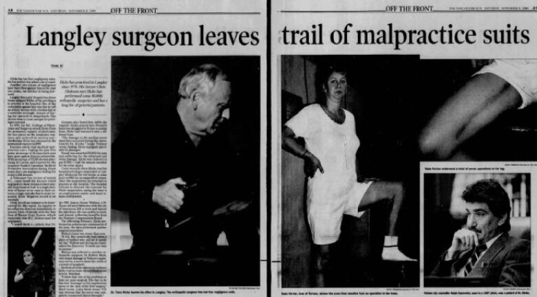 Two pages of the Vancouver Sun are pictured in grainy black and white newspaper print. The headline stretches across both pages and reads, 'Langley surgeon leaves trail of malpractice suits.' Four photos showing Dr. Tracy Hicks and three former patients are included in the spread.