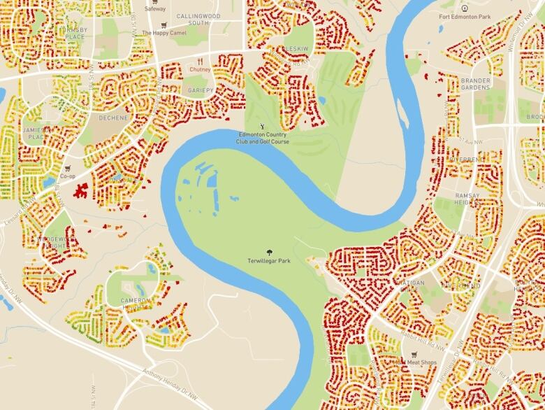 A map shows many red marks east of Terwillegar Park.