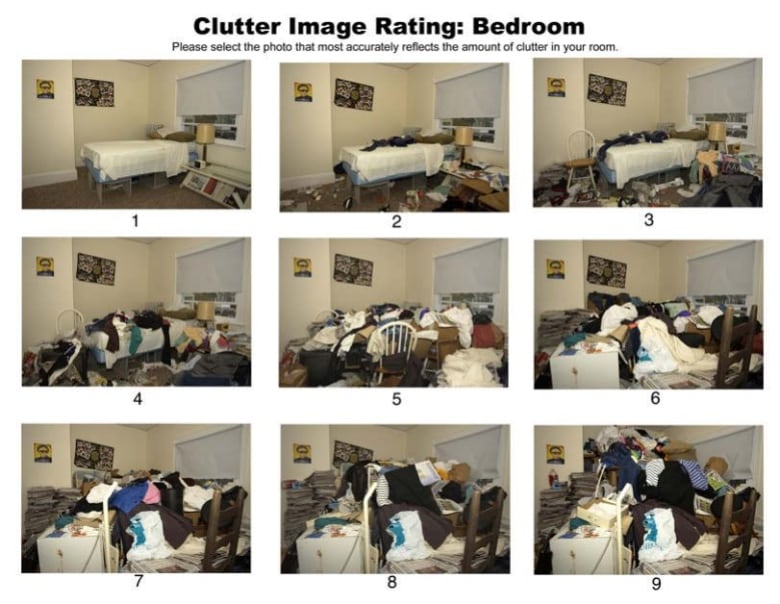 nine images of the same room in varying degrees of mess