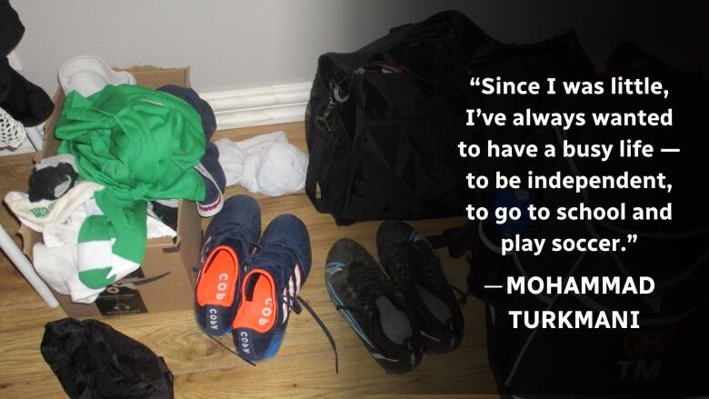 Soccer equipment in a pile on the floor.