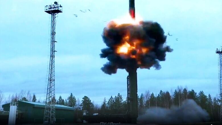 In this handout photo taken from video released by Russian Defense Ministry Press Service on Wednesday, Oct. 26, 2022, A Yars intercontinental ballistic missile is test-fired as part of Russia's nuclear drills from a launch site in Plesetsk, northwestern Russia. Russian President Vladimir Putin has monitored drills of the country's strategic nuclear forces involving multiple practice launches of ballistic and cruise missiles. The Kremlin said in a statement that all the test-fired missiles reached their designated targets.