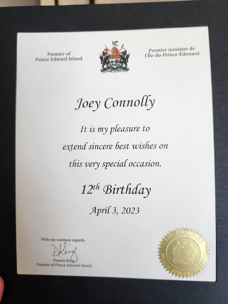 A birthday wish from the premier of P.E.I., Dennis King. 