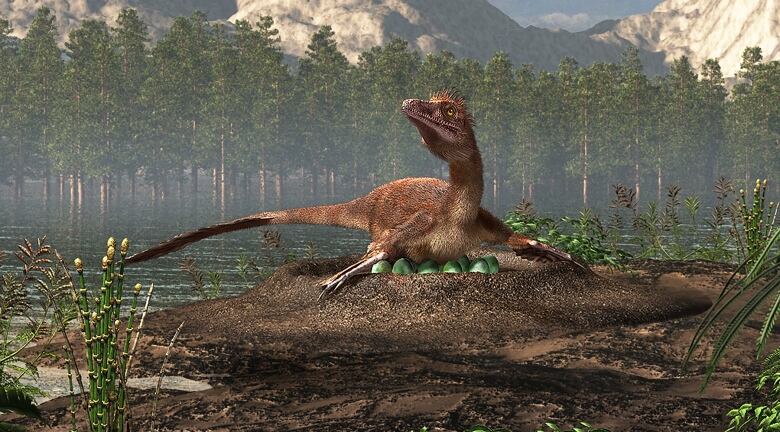  A dinosaur sits on a nest full of blue-green eggs, with a river and forest in the background.