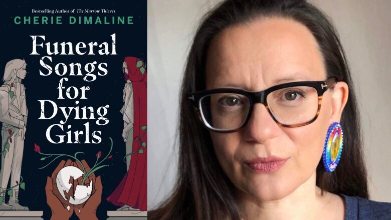 A composite image: on the left, the book cover for Funeral Songs for Dying Girls and a head shot of Cherie Dimaline on the right.