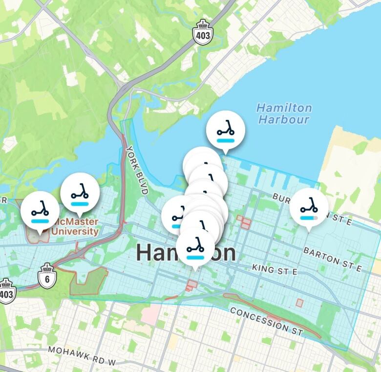 A map of e-scooter locations in Hamilton.