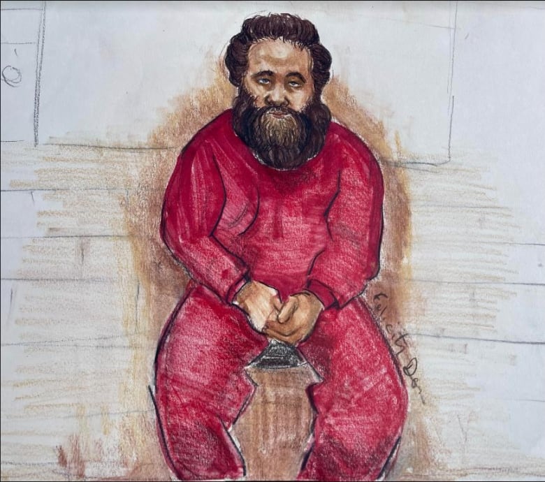 A sketch of a brown man with a long flowing beard wearing a red jumpsuit, with his hands clasped together.