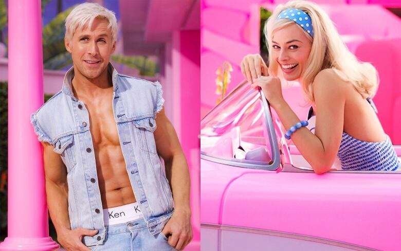 A composite image shows a man dressed in a Ken doll outfit and a woman dressed as a Barbie doll.