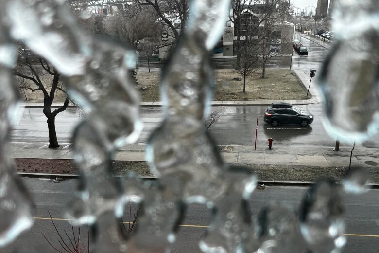 A car pictured through an icy window. 