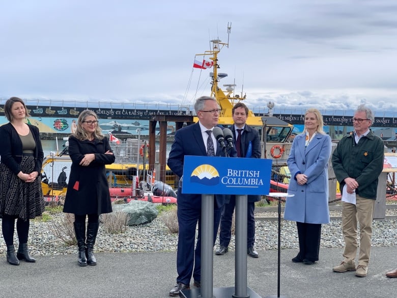 Transportation Minister Rob Fleming at a press conference at Victoria's Ogden Point on April 5, 2023.