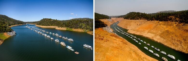 In two before-and-after photos, houseboats float at Lake Oroville Recreation Area in Butte County, Calif. Winter storms have refilled the water in the reservoir.