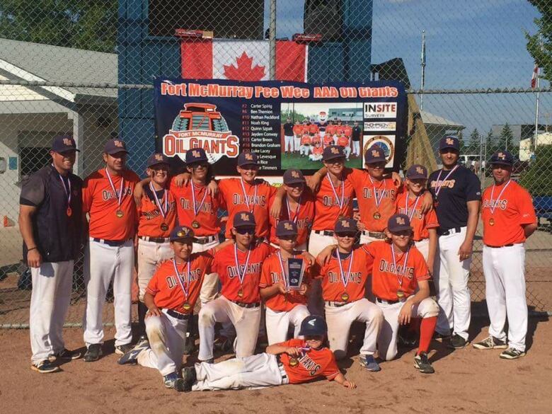 A baseball team lined up for a photo.