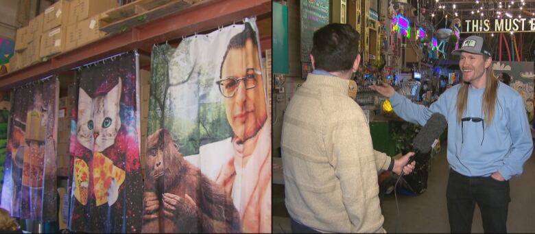 A man gestures at expensive, bizarre shower curtains showing Jeff Goldblum and cats.