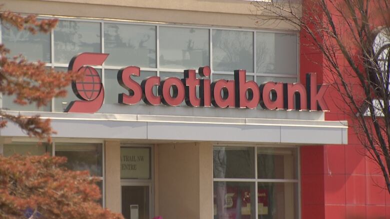 A Scotiabank sign is seen outside a bank branch.