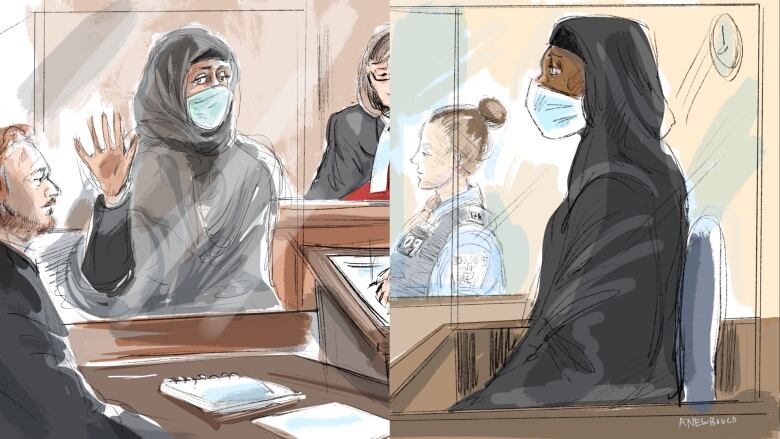 Court sketches of Ammara Amjad, left, and Dure Ahmed, right. The two women were ordered released on bail pending terrorism peace bond applications after returning to Canada from a prison camp in northeastern Syria.