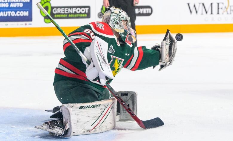 A hockey goalie in a white, green and orange jersey makes a save.