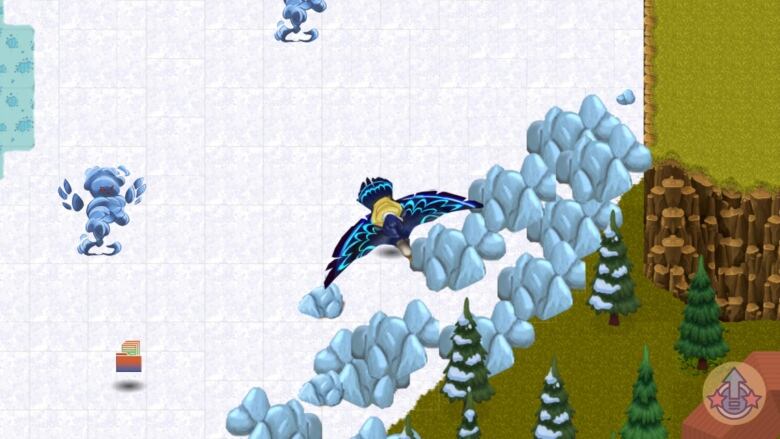 A character flies on a bird over top of a snowy plain