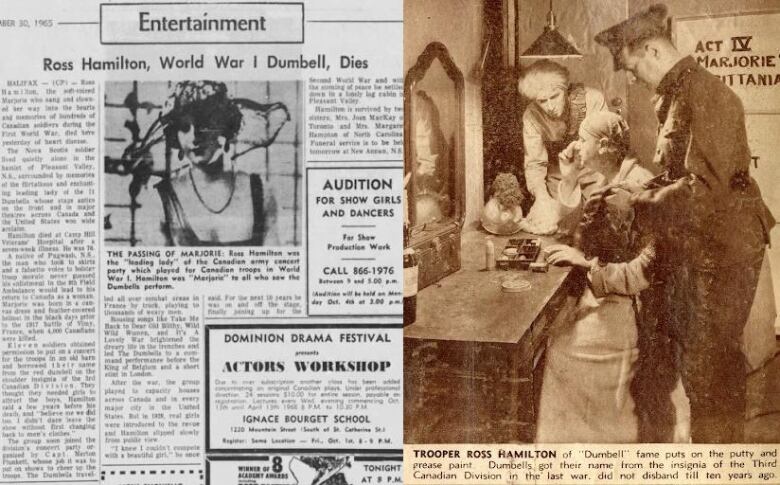 Left: A newspaper article from 1965 about Ross Hamilton's death with a photo of him dressed as his drag persona Marjorie. Right: A newspaper article depicting entertainer Ross Hamilton as his character Marjorie getting into drag during World War I.