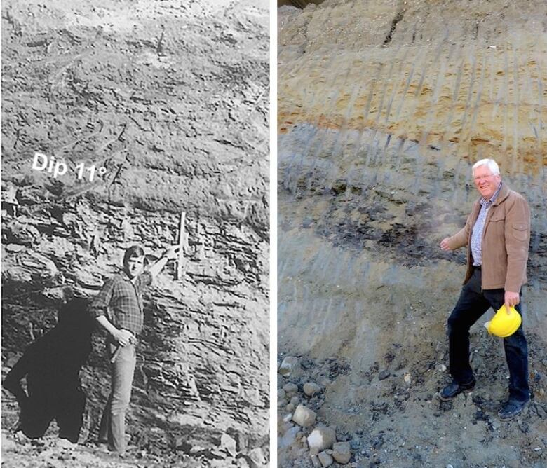 A black and white photo of younger Rolf Mathewes as an undergraduate at the fossil deposit is next to a colour photo of Mathewes at present day. 