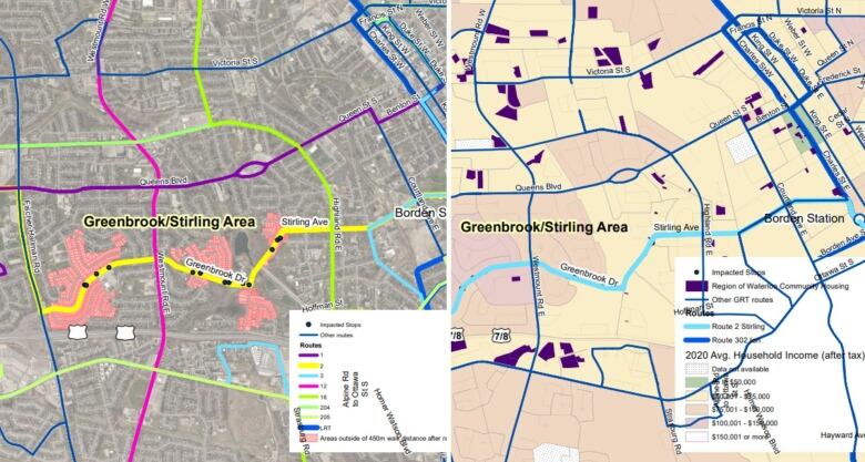 Two maps show bus route stops and income maps for the Greenbrook/Sterling area of Kitchener.