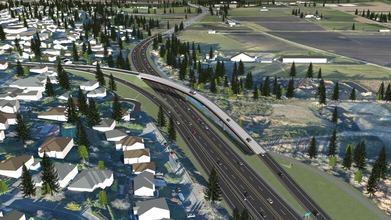 An artists's rendering shows a highway ramp leaving the right lane and crossing over a highway to the left. 