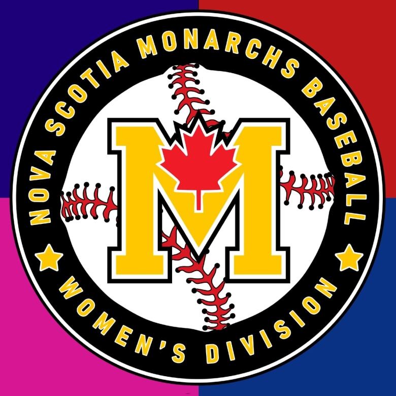 A colourful emblem featuring a large, yellow M in the centre with the text, 'Nova Scotia Monarchs Baseball, Women's Division' around it.