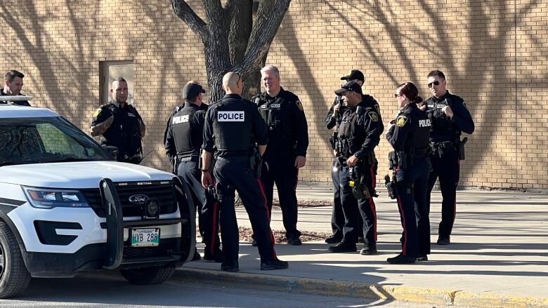 Several uniformed police officers stand in front of a police vehicle outside a mall.