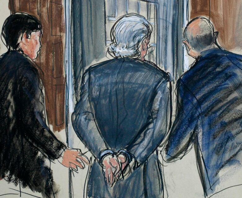 A rough courtroom sketch shows two figures flanking an older man with greying hair. The sketch shows the man from behind, his arms in handcuffs behind his back as he approaches a door in a wood-panel room. 