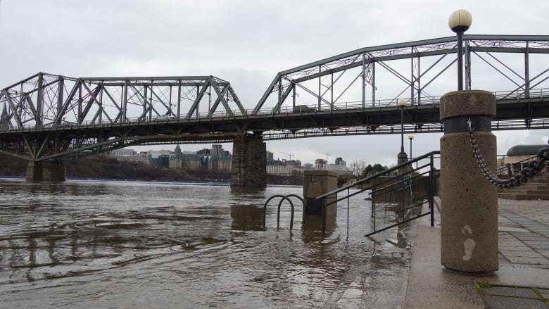 A river rises at a marina with a city skyline in the background.