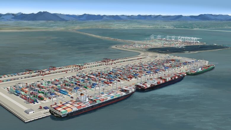 An artist's rendering shows a large container port on a peninsula with three large ships docked at it.