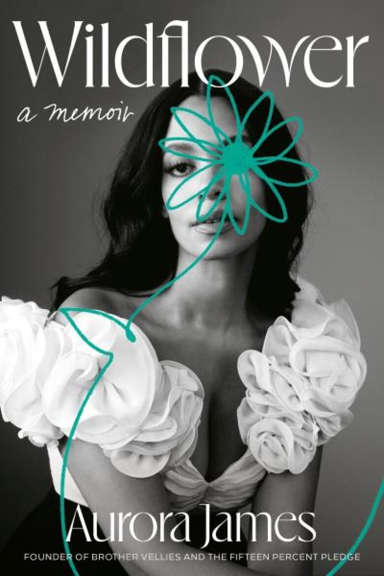 Book cover that shows a woman in a dress smiling at the camera. There is a turquoise flower that is drawn over her face. There is white text overlay that displays the book title and author name. 