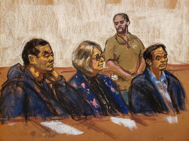 A pastel sketch of two men and a woman sitting at a table in court.