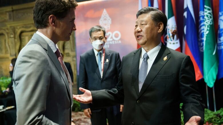 Xi Jinping holds up hands in expression of frustration during chat with Justin Trudeau.