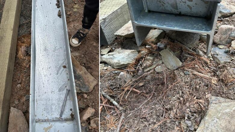 Steel beams are placed on a rocky path. 