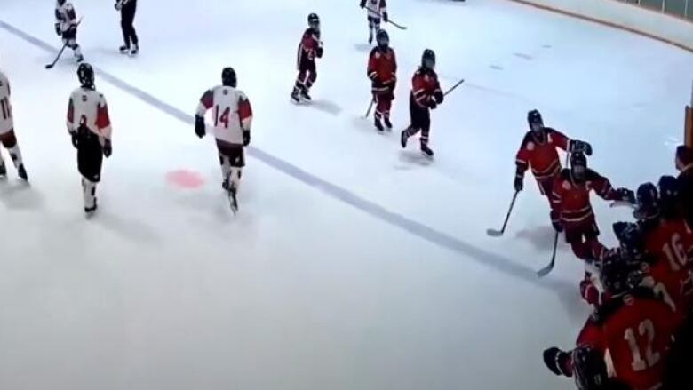 Young male hockey players skate by bench to give team high-fives.