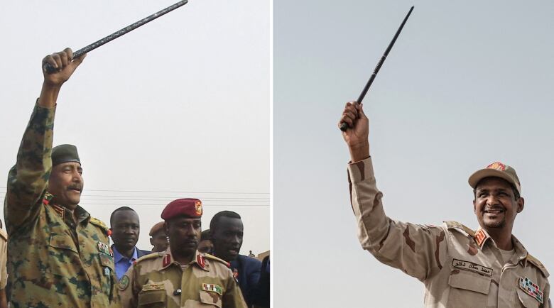 Two men, each in separate photos and apparently gesturing to onlookers, wear army uniforms and raise swagger sticks. 