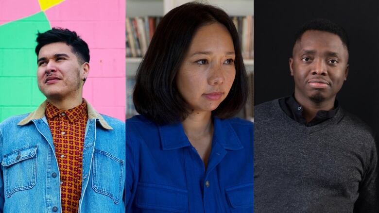 Three panels, composite image of three people. Left panel, person with blue jacket is looking to the left in front of green and pink background. Middle panel, person in blue-collared shirt looking to right in front of bookshelves. Right panel, person in dark grey swearer is looking forward in front of black background.