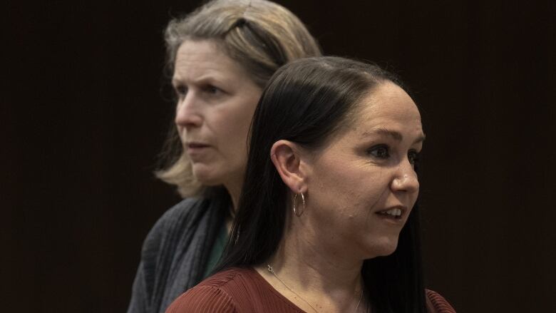 Athletes Andrea Neil and Ciara McCormack are pictured at a Commons committee. 