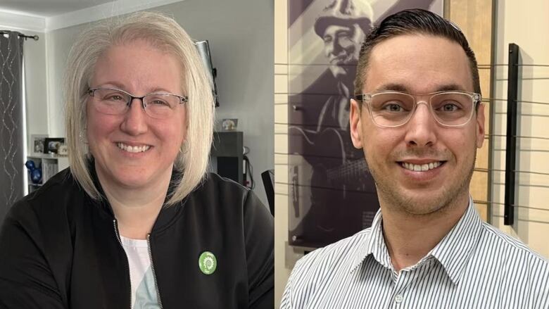 A split photo of a woman, left, smiling and a man, right, smiling.