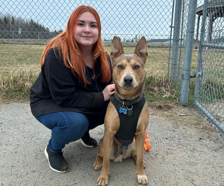 A woman with red hair crouching next to a dog with pointy ears wearing a vest.