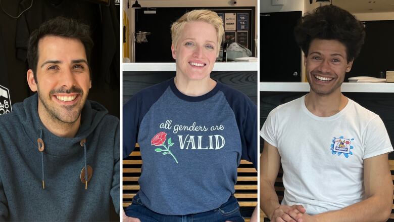 Three people involved in Outfest pose for photos. On the left, Isaac Mule is wearing a blue hoodie and smiling widely. In the middle, Margo MacDonald smiles and wears a baseball-shirt with the words 