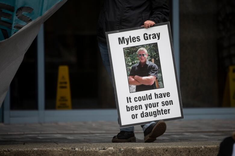 A poster with a photo of a man wearing a black T-shirt and sunglasses is pictured in front of a glass office tower.