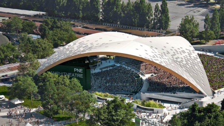 A large white awning shaped like a triangle and built from timber stretches over the PNE's new amphitheatre in this artist's rendering of what the fair says is the largest free-span timber roof structure in the world.