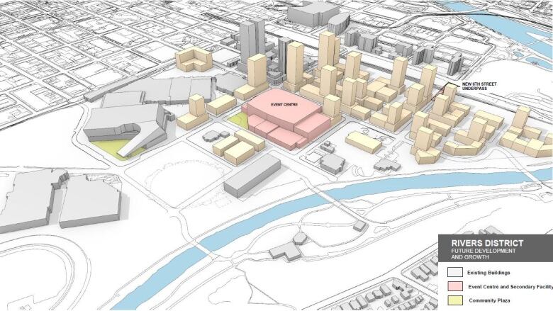 A conception rendering of the district around a new Calgary arena.