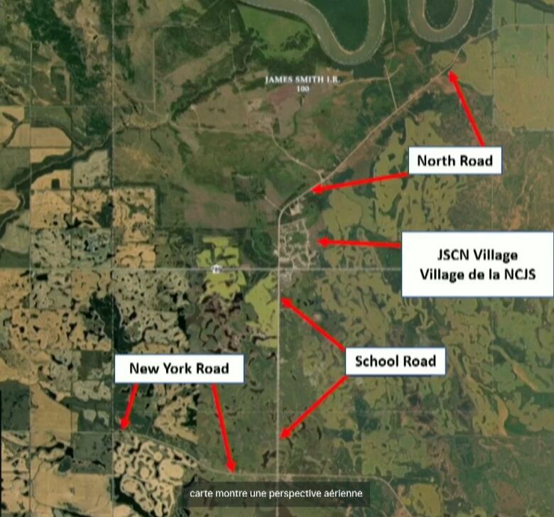 Map shows aerial overview of James Smith Cree Nation during an RCMP presentation. 